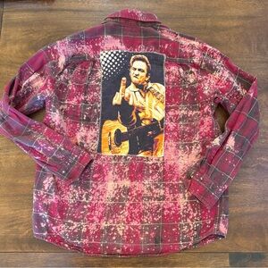 Angry Minnow Flannel LS Shirt Red Plaid Johnny Cash Flip Off Acid Wash Men Large